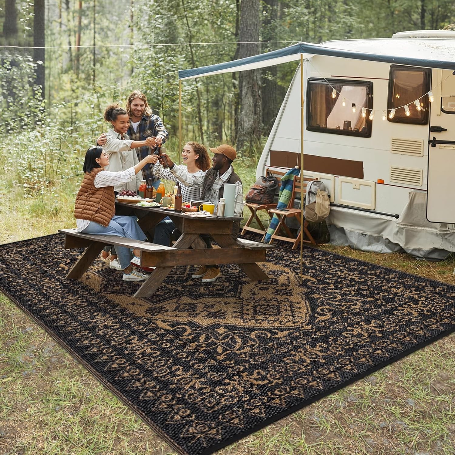 Plastic Straw Rug Outdoor Waterproof Reversible Large Vintage Medallion Area Rug