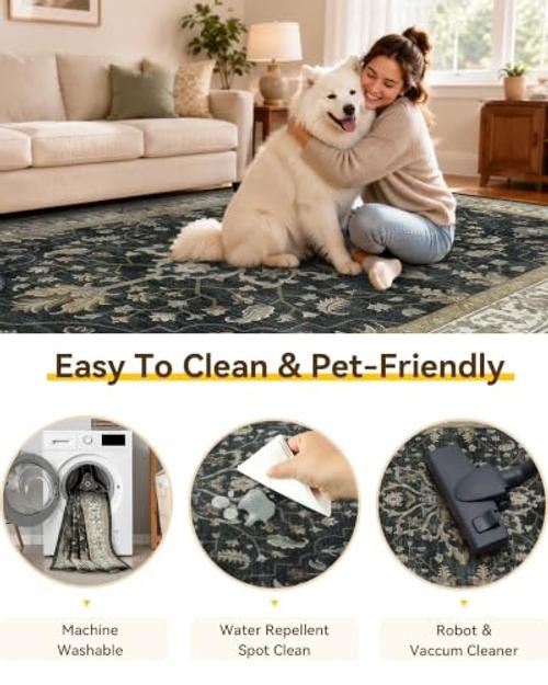 Area Rugs 5’x7′ Washable Vacuum-Friendly, Non-Slip, Floral Vintage Distress