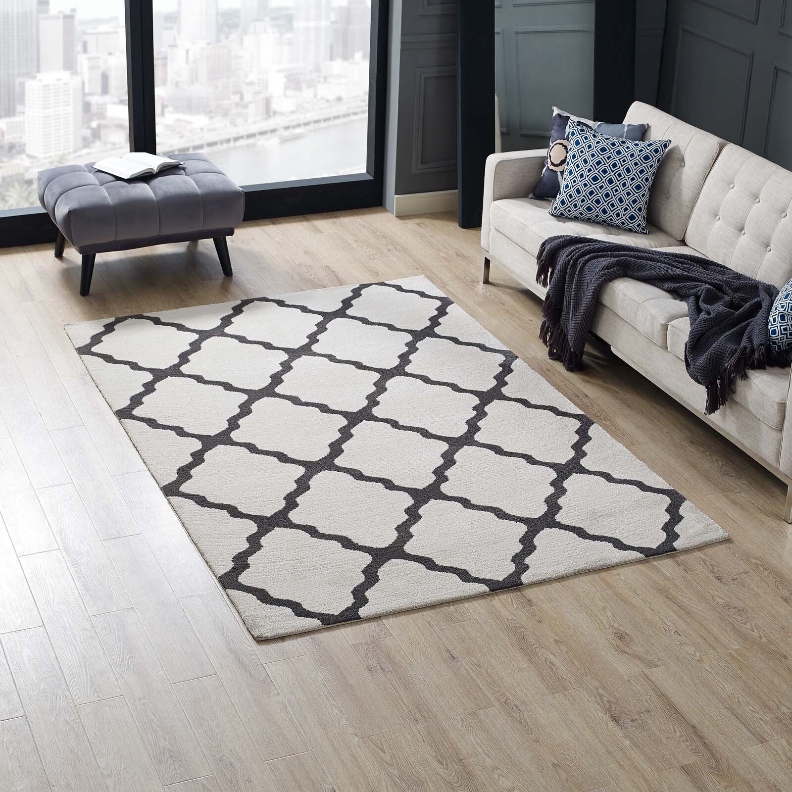 Modway Marja Moroccan Trellis 5×8 Area Rug in Ivory and Charcoal