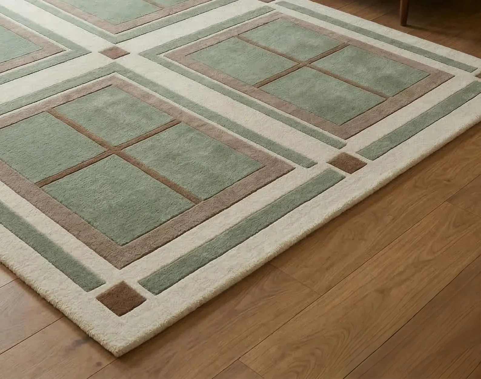 Hand Tufted Wool Rug: Sage Green Geometric Panel Modern Living Room Area Rug