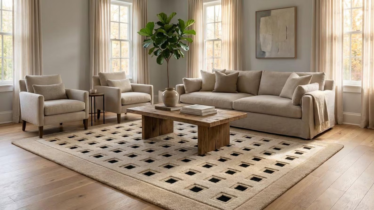 Hand-Tufted Wool Modern Geometric Square Pattern Rug, Beige & Black Area Rug.