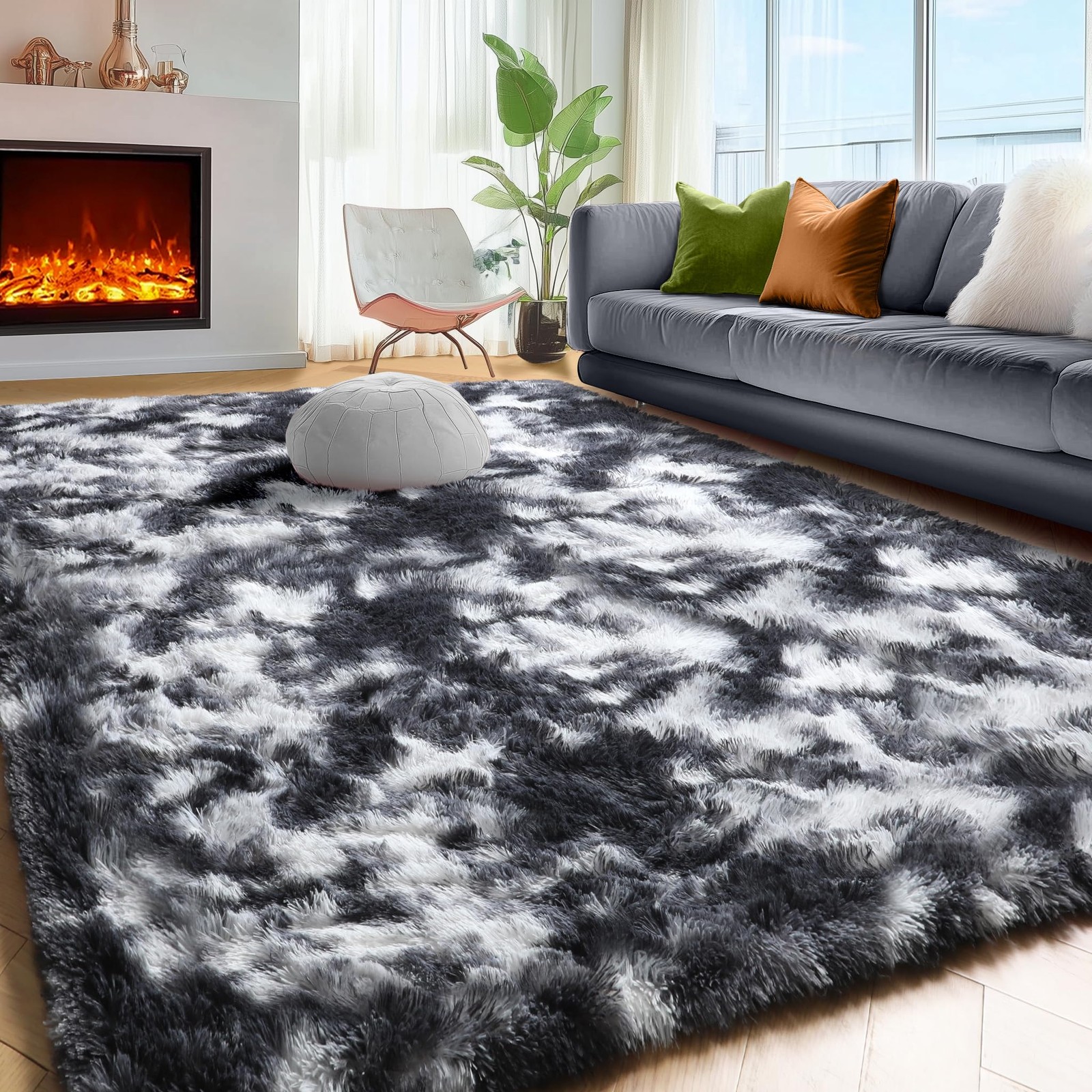 PAGISOFE Black White Grey Bedroom Rug 4×6 Ft, Soft Fluffy Fuzzy Plush Indoor Flo