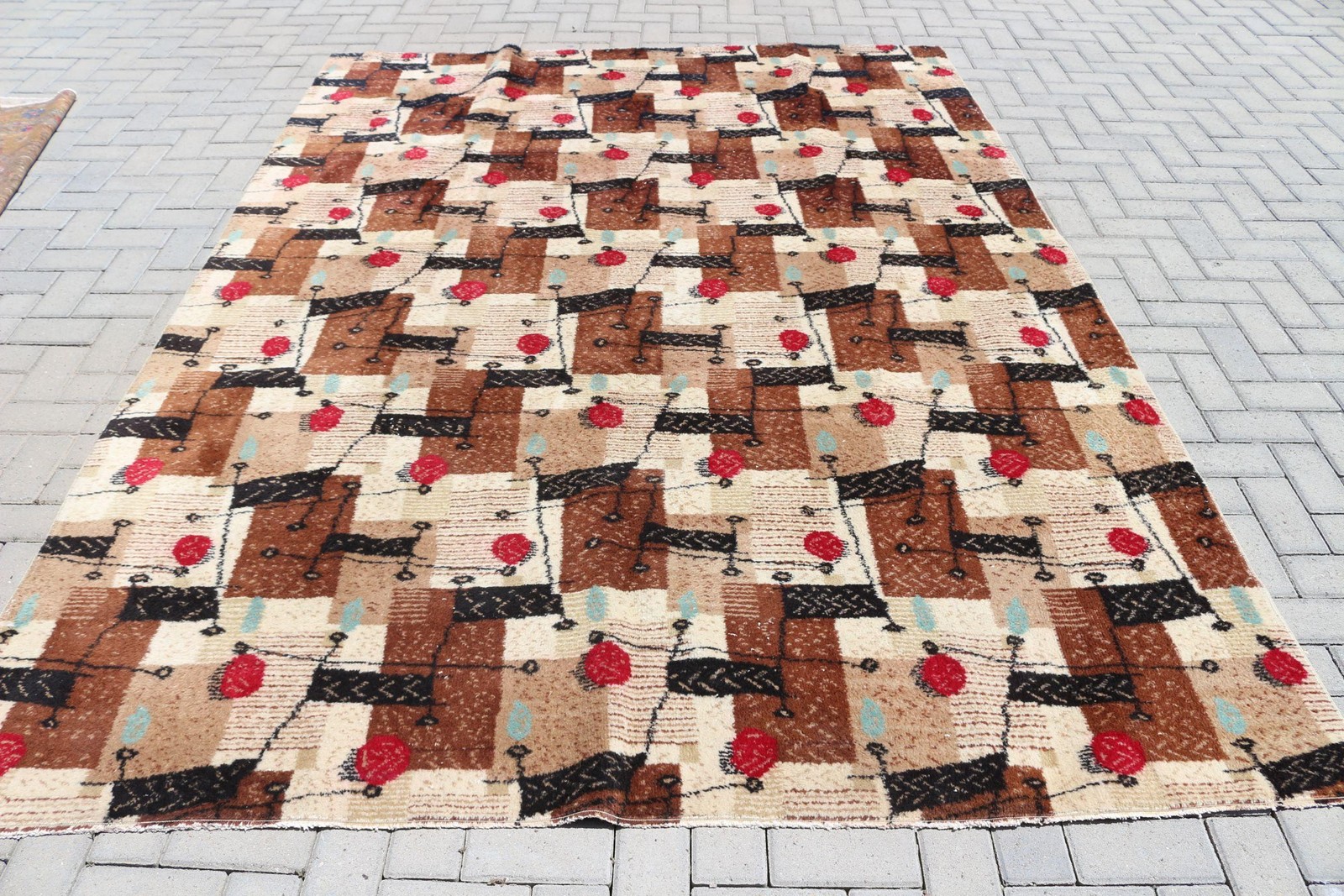 Vintage Rug, 6,8×9,4 ft Turkish Rug, Brown Red Abstract Wool Rug