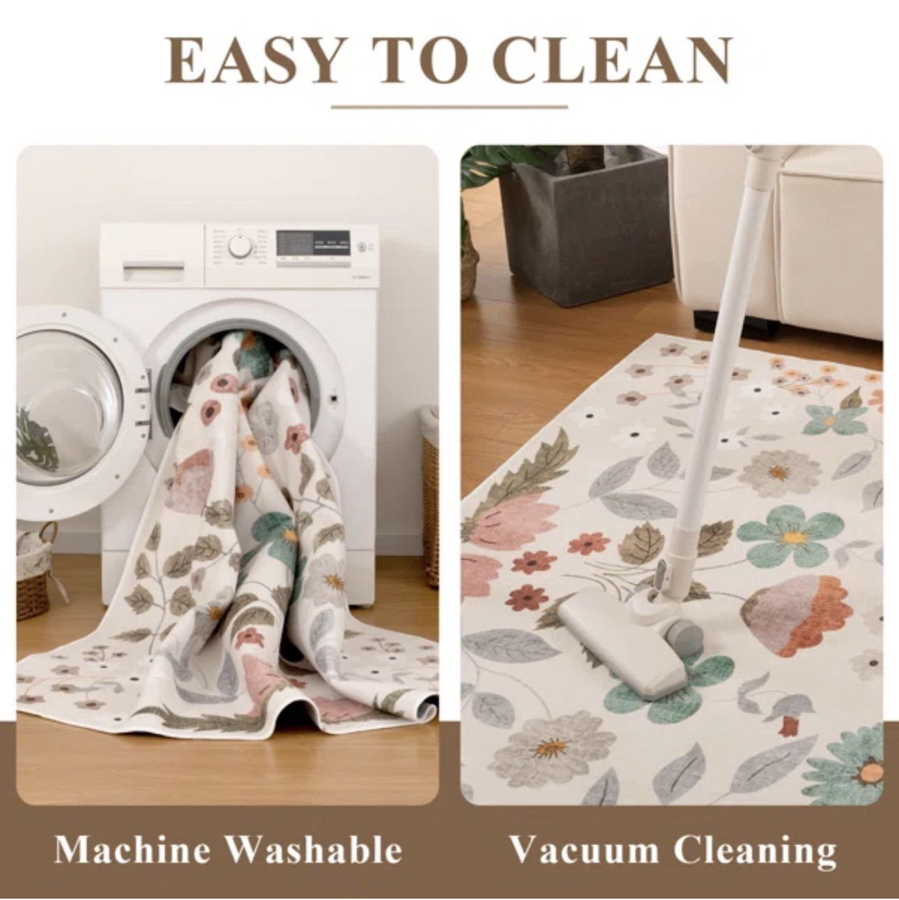 Beige Floral Machine Washable Indoor Area Rug 8×10 ft Non-Slip