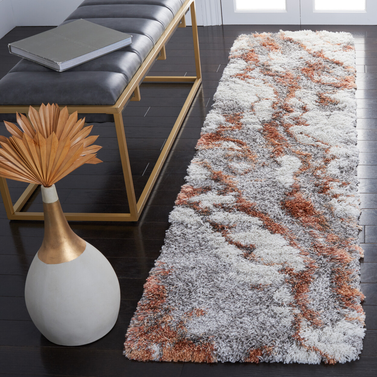 SAFAVIEH Contemporary Abstract Modern 2″ Plush Shag Area Rug Grey & Rust Horizon