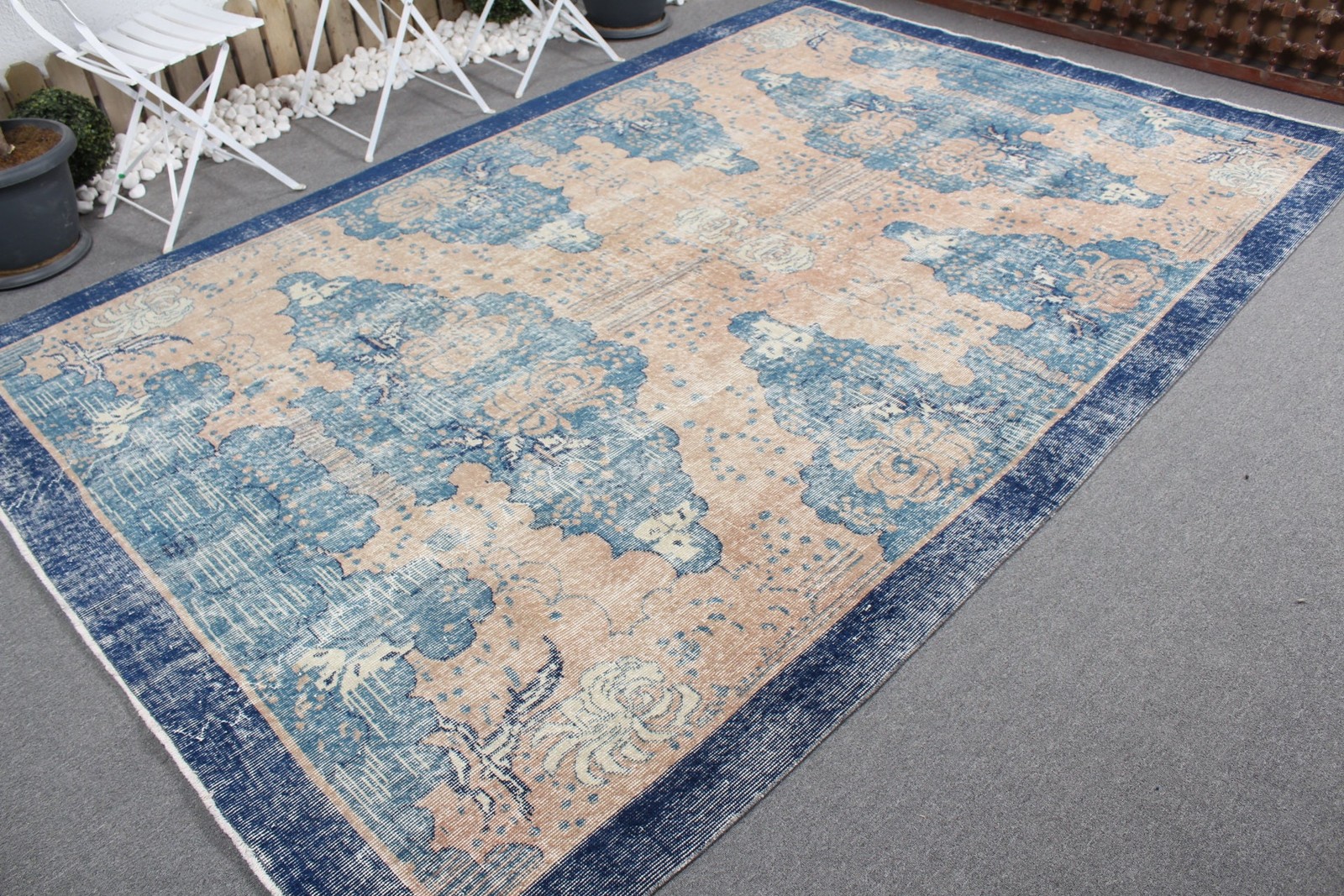 Vintage Rug, 6,9×10,6 ft Oversize Rug, Blue Oriental Wool Turkish Rug