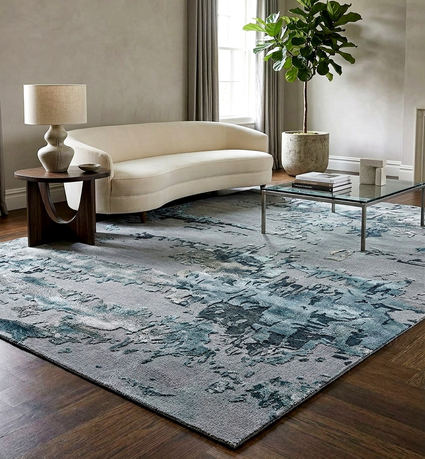 Modern Hand-Tufted Rug Grey Wool Silk 5×8 6×9 8×10 9×12 Area Rug for Living Room