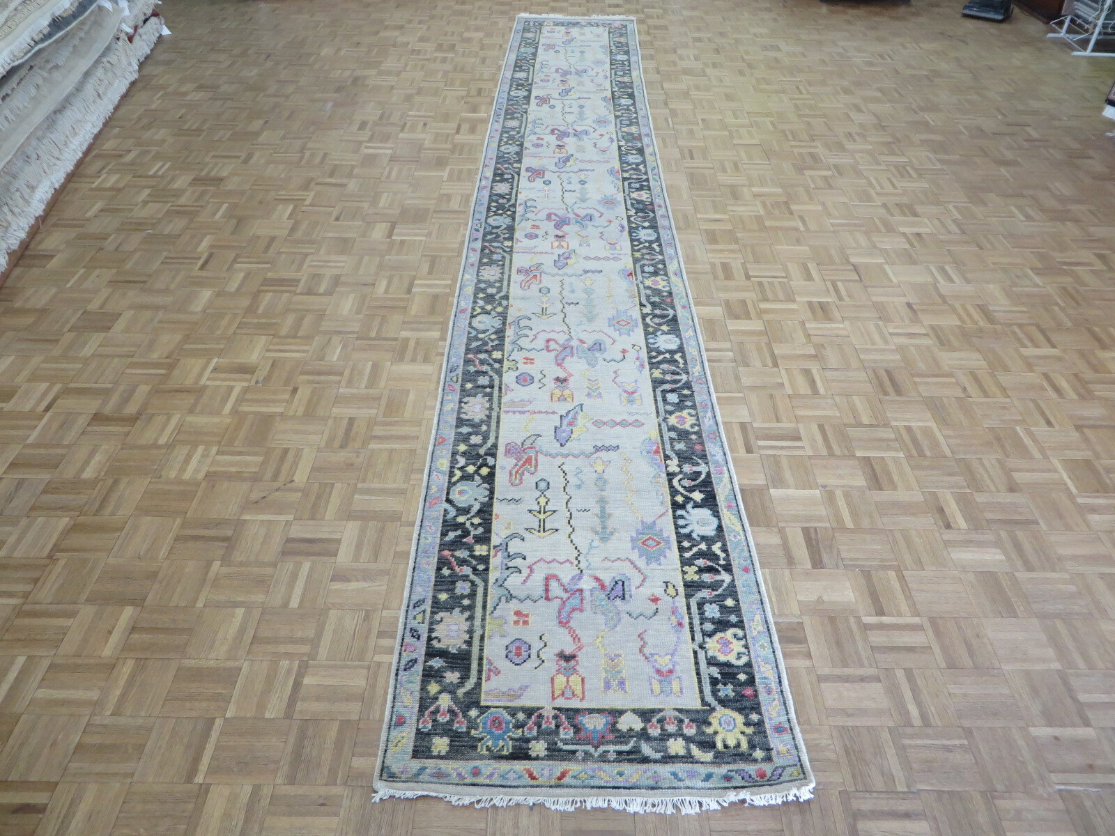 3 x 19’10 Runner Hand Knotted Ivory Turkish Knotted Oushak Oriental Rug G8569