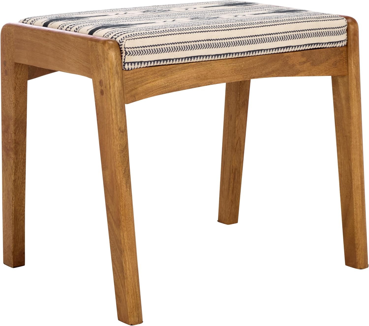 Boho Tribal Navy & White Ottoman with Natural Wood Frame – Fully Assembled