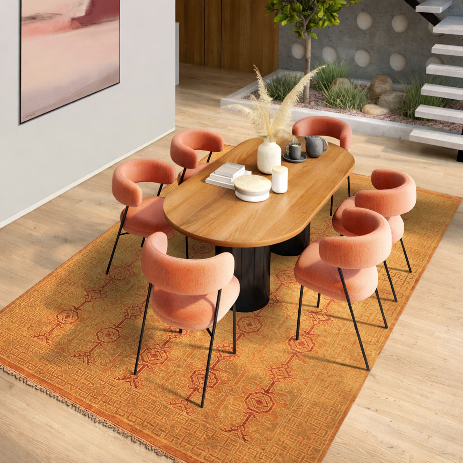 5’11″x8’9″ Hand Knotted Wool Caramel, Rust Agra Transitional Kalaty Rug