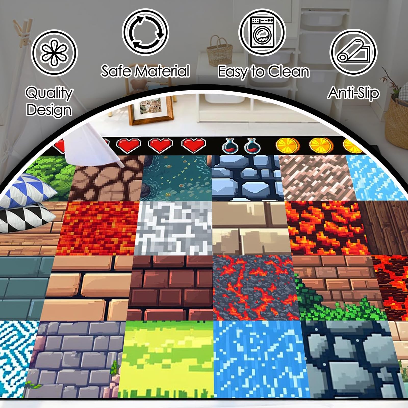 Game Room Rug Video Game Decor for Boys Bedroom 2’5”x4′ Block Theme Carpet …