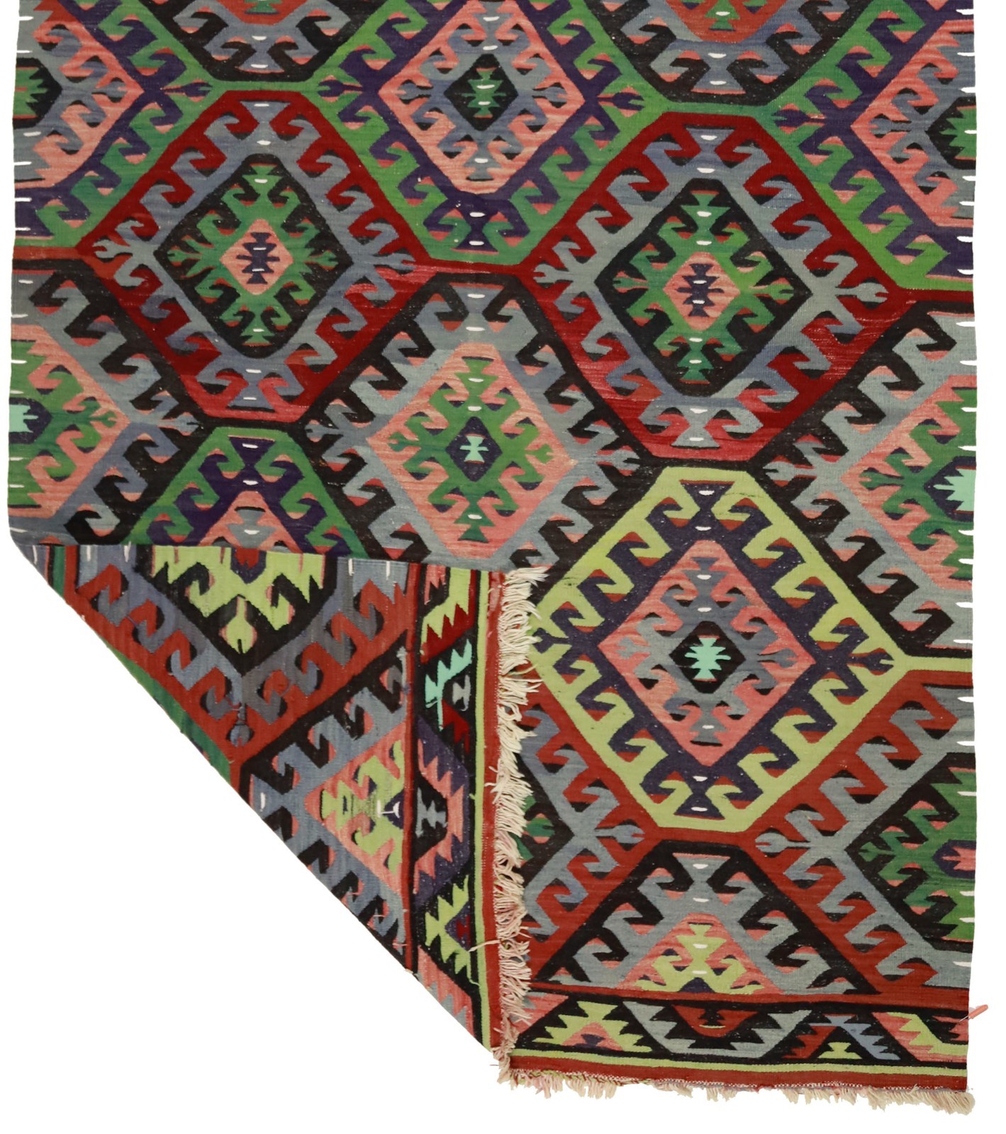 Vintage Turkish Kilim Runner 6×11 ft Green Red Tribal Wool Rug