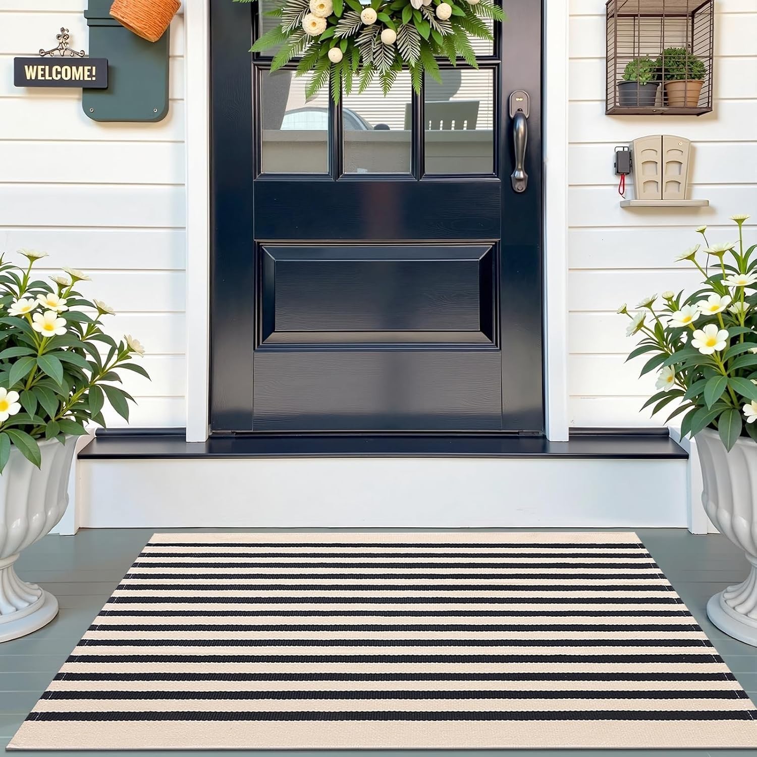 Beige and Black Striped Rug 2’4″ x 3’7″ 27.5″ x 43″ – Washable Cotton Doormat…