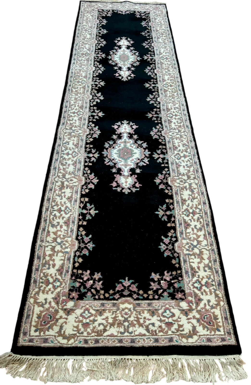 2’7″x10’ Hand Knotted Charcoal Black Beige Pink Oushak Tabrizz Wool Runner Rug