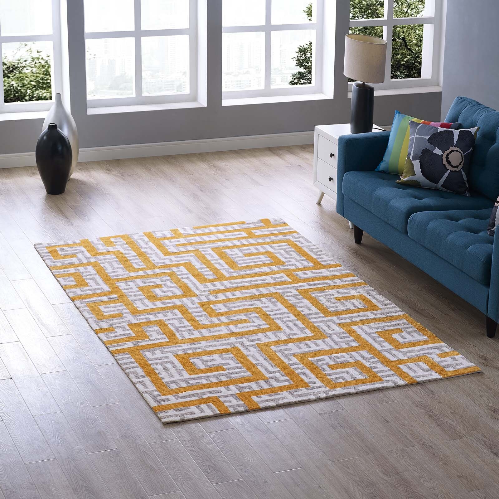 Geometric Maze Microfiber 5×8 Area Rug in Ivory, Light Gray and Banana Yellow
