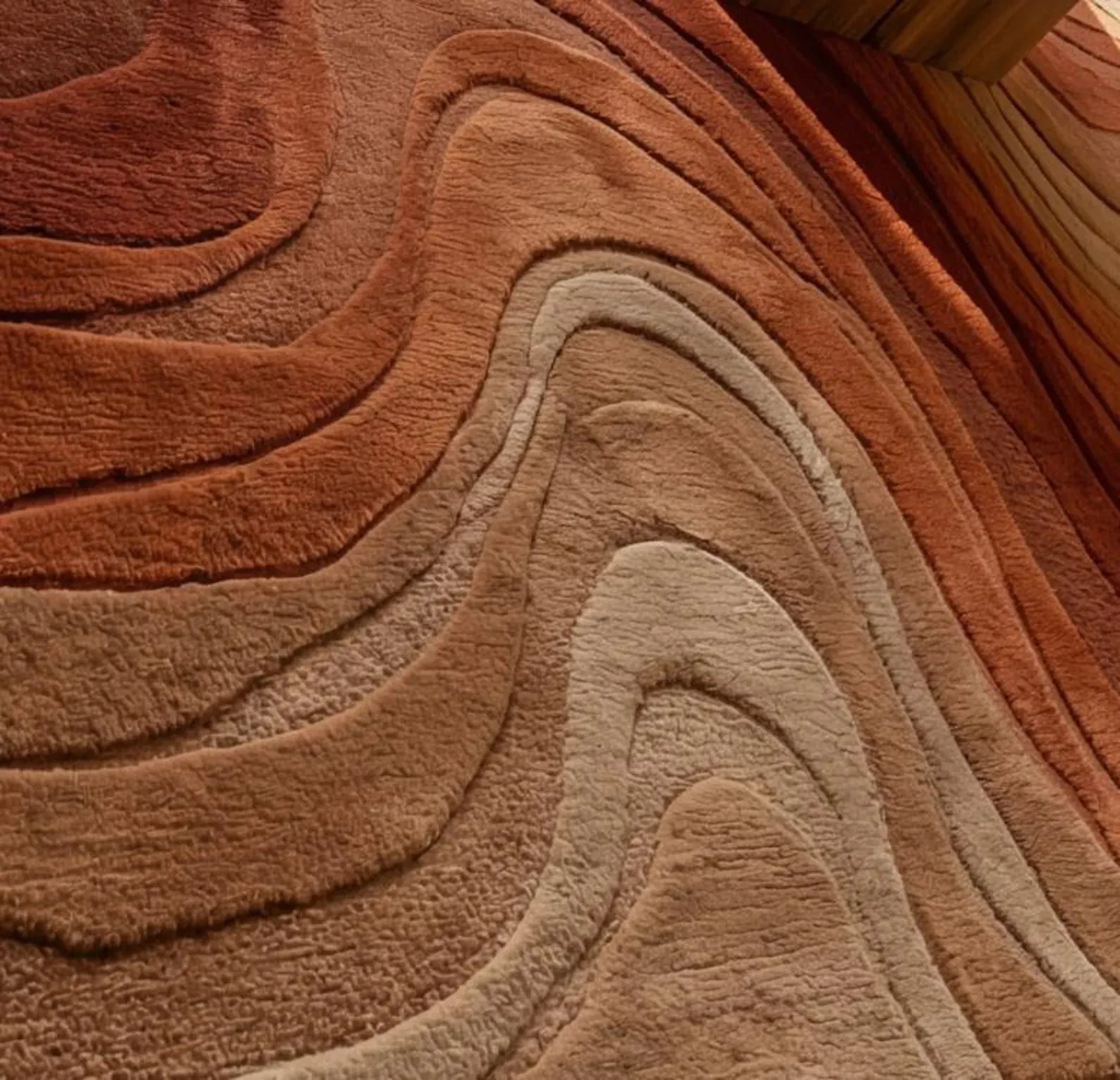 Hand Tufted Abstract Rug, Mid Century Modern Terracotta Wool Carpet, Organic