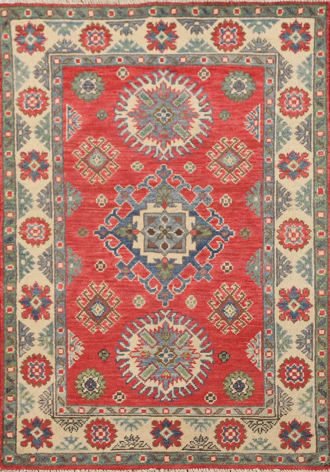 Red/ Ivory Kazak Rug 3×4 Wool Handmade Traditional Geometric Carpet