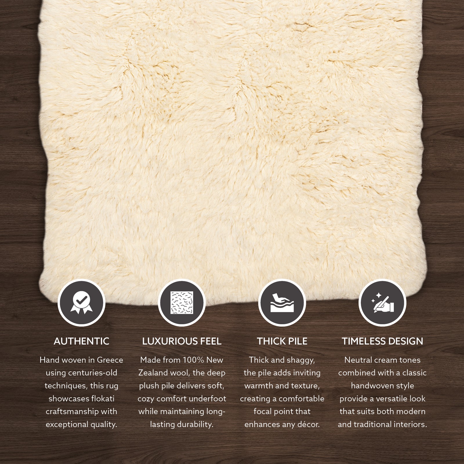 Linon Flokati 5A Shag Wool 72″ x 108″ Rug in Natural