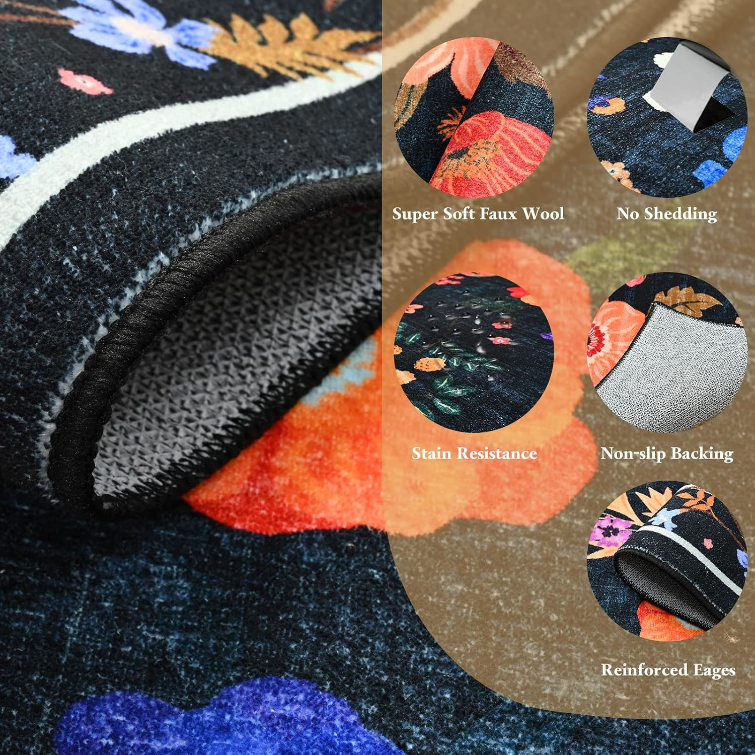 Floral Entryway Runner Rug 2×6, Washable Black Boho Rug for Hallways Non-Slip…