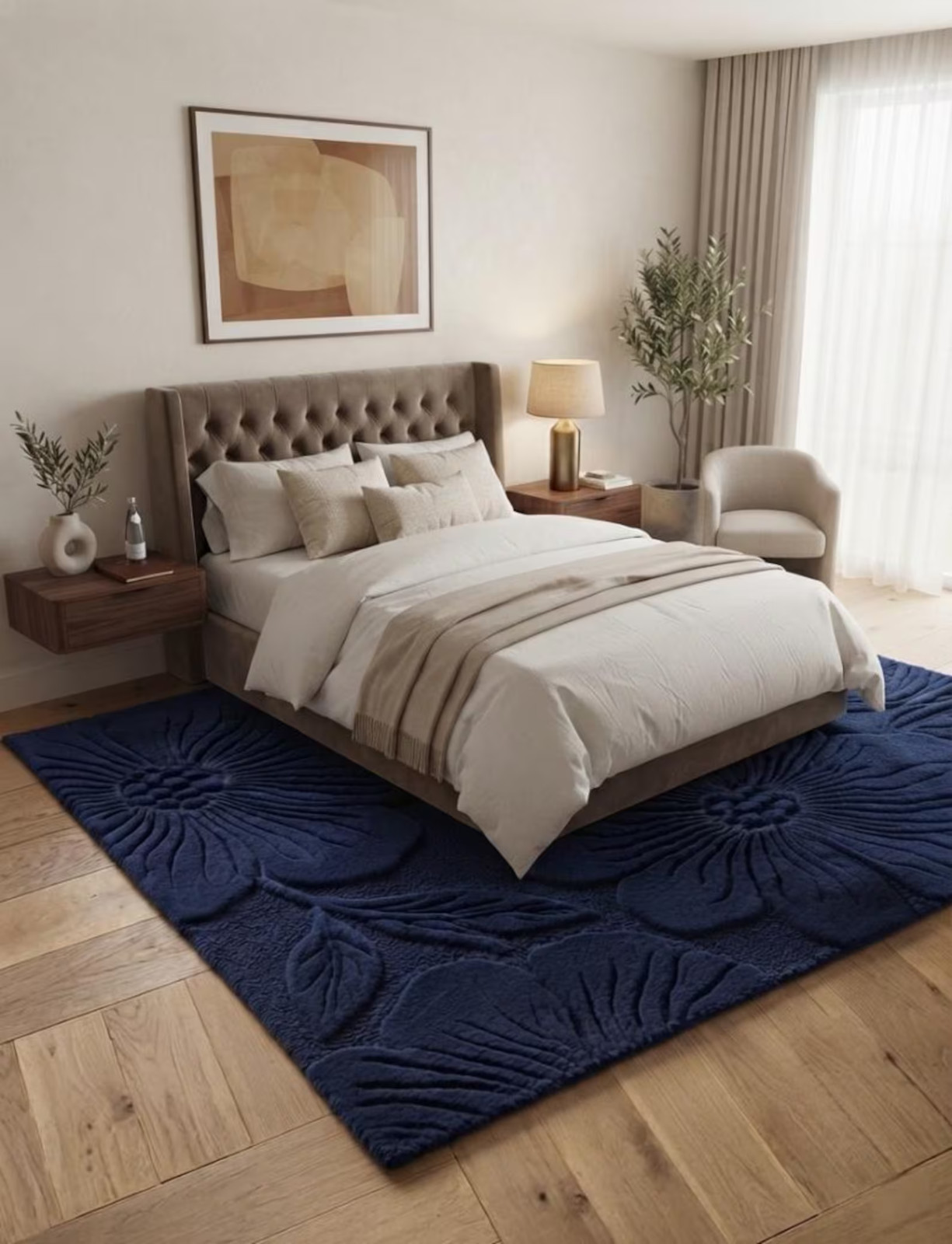 Hand Tufted Navy Blue Floral Carved Rug, Modern Abstract Living Room Carpet 6×9