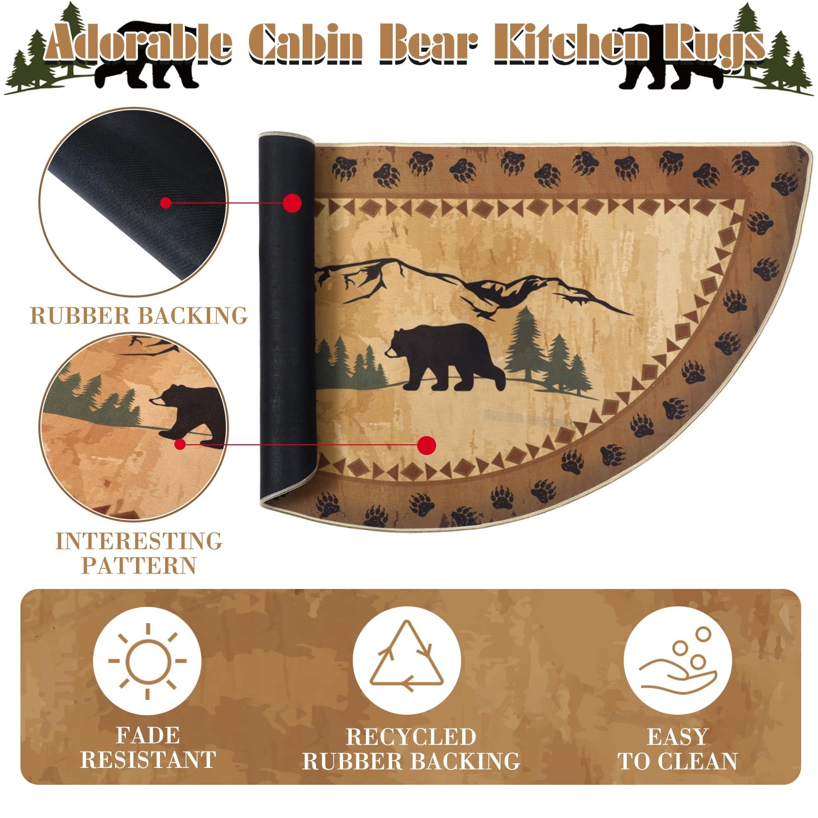 Winter Bear Hearth Rug for Fireplace Mat Non-Slip Rustic Cabin Half Round 24×47″