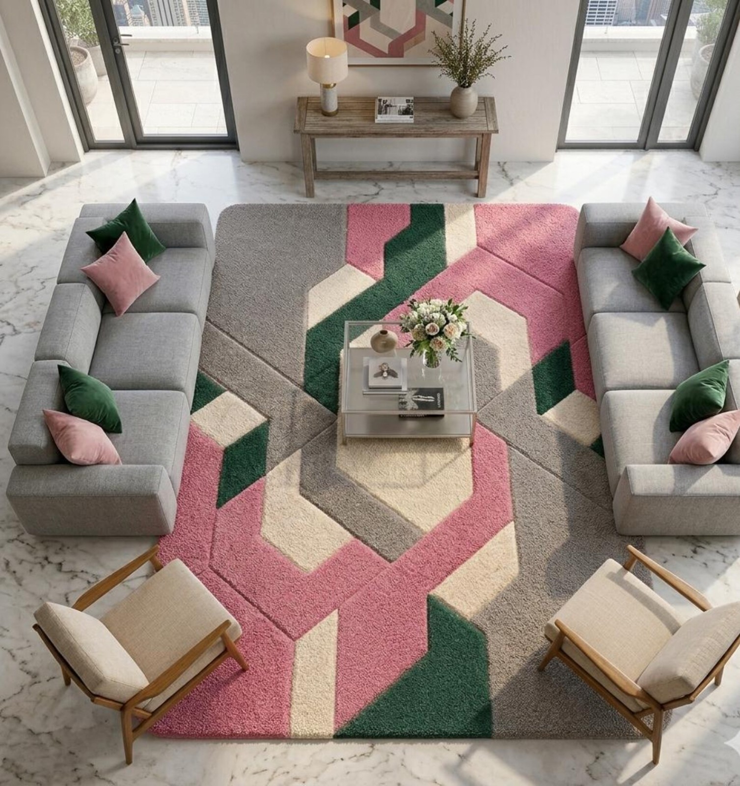 Hand Tufted Wool Rug Pink Green Geometric Abstract 9×12 Modern Living Room Carpe