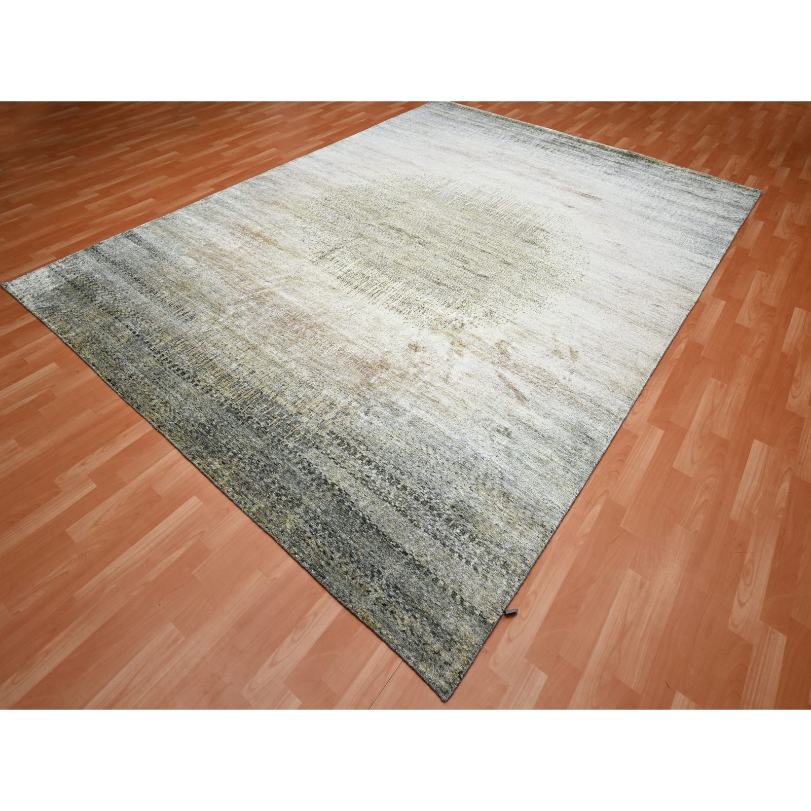 9′ x 12’5″ Tan Brown with Gray THE EYE 100% Pure Silk Hand Knotted Rug R75495