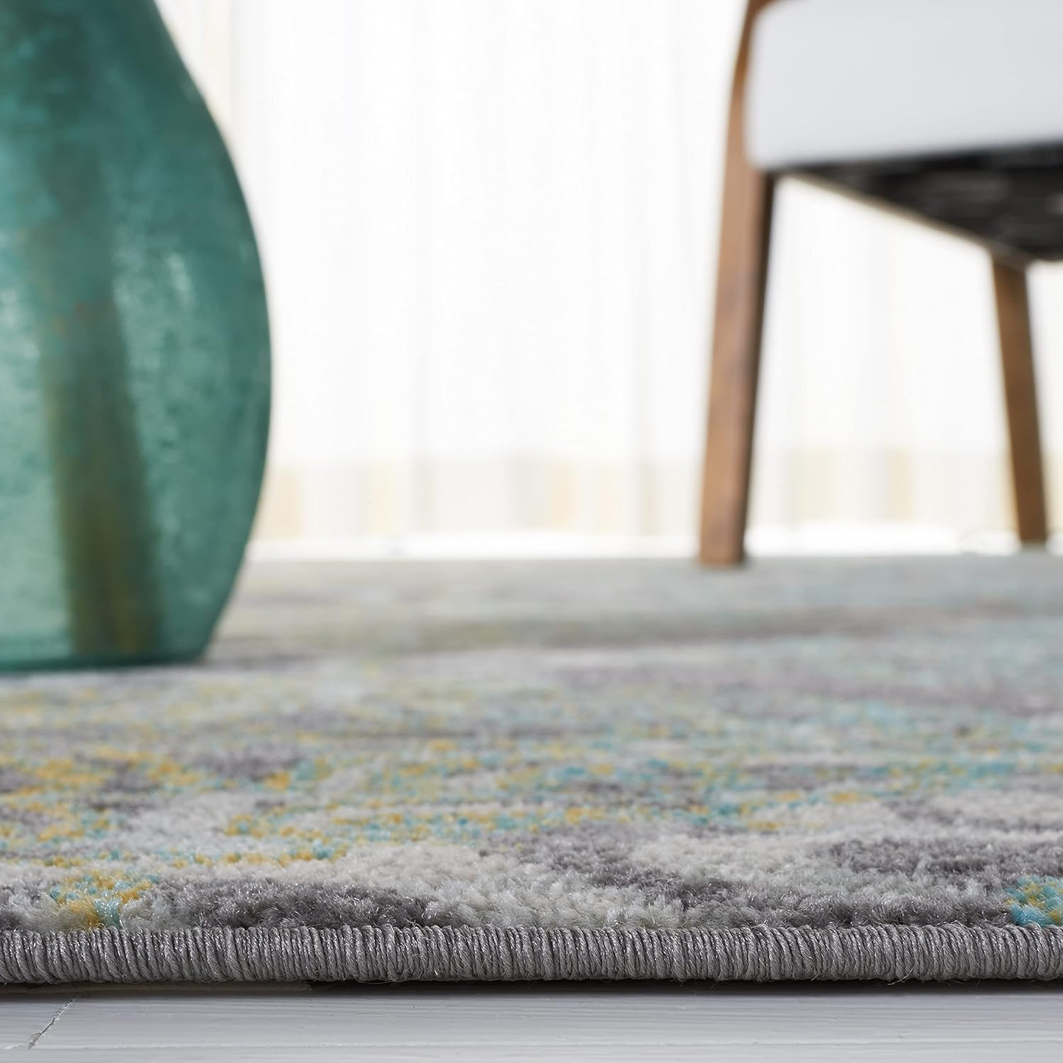 Evoke Collection 9′ Square Area Rug, Grey & Ivory Medallion Design, Easy Care