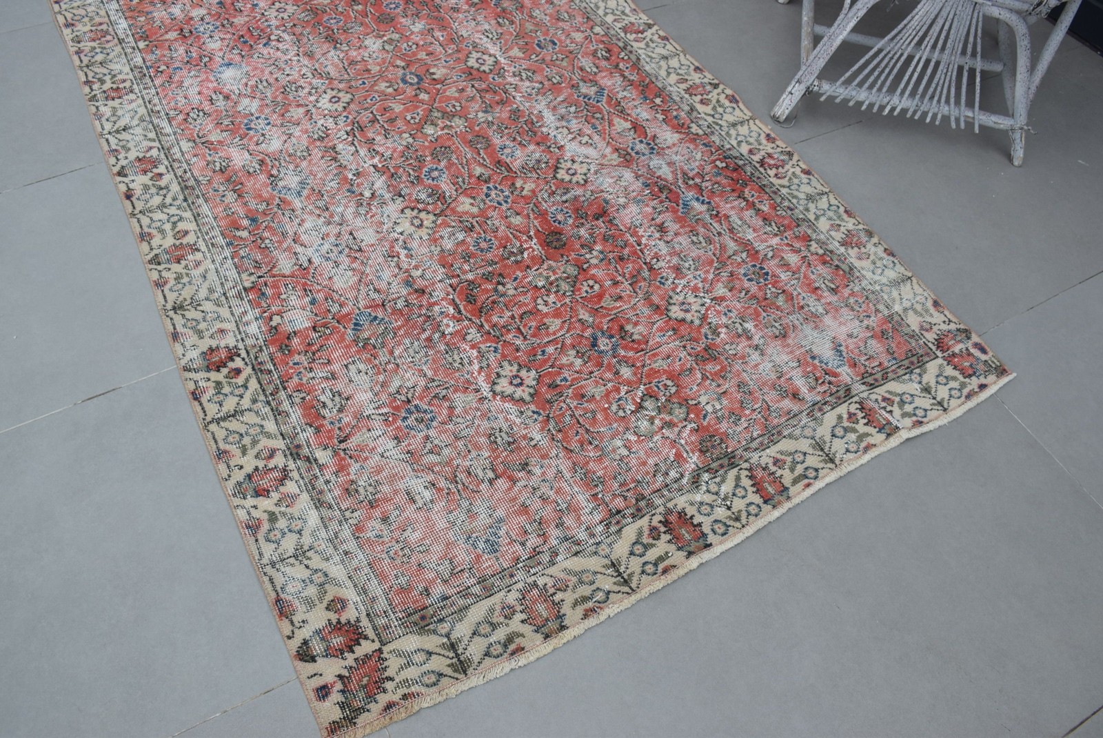 Turkish Area Rug 4,4×8,8 ft, Red Blue Oriental Rug Wool