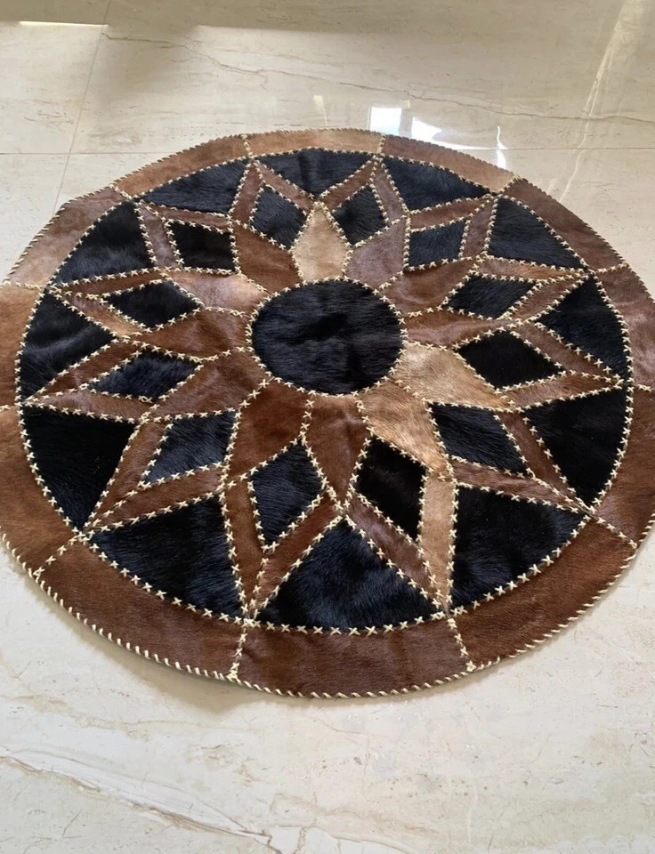 Handmade Genuine Cowhide Leather Round Rug Patchwork Area Carpet Custom Size