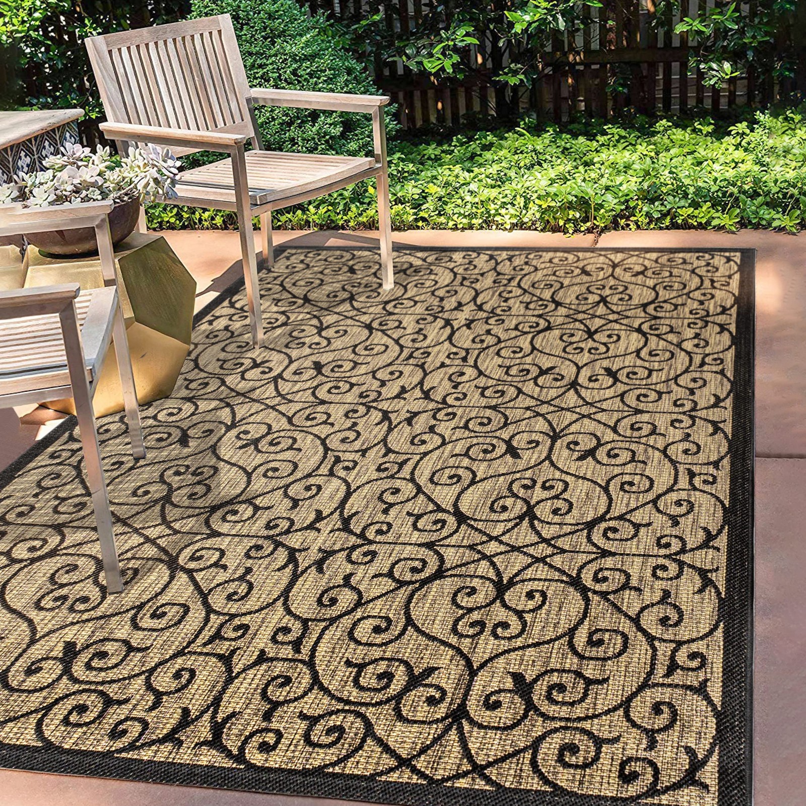 Indoor Outdoor Black Khaki Rectangular Rug 7×9 Durable Stain Resistant Design