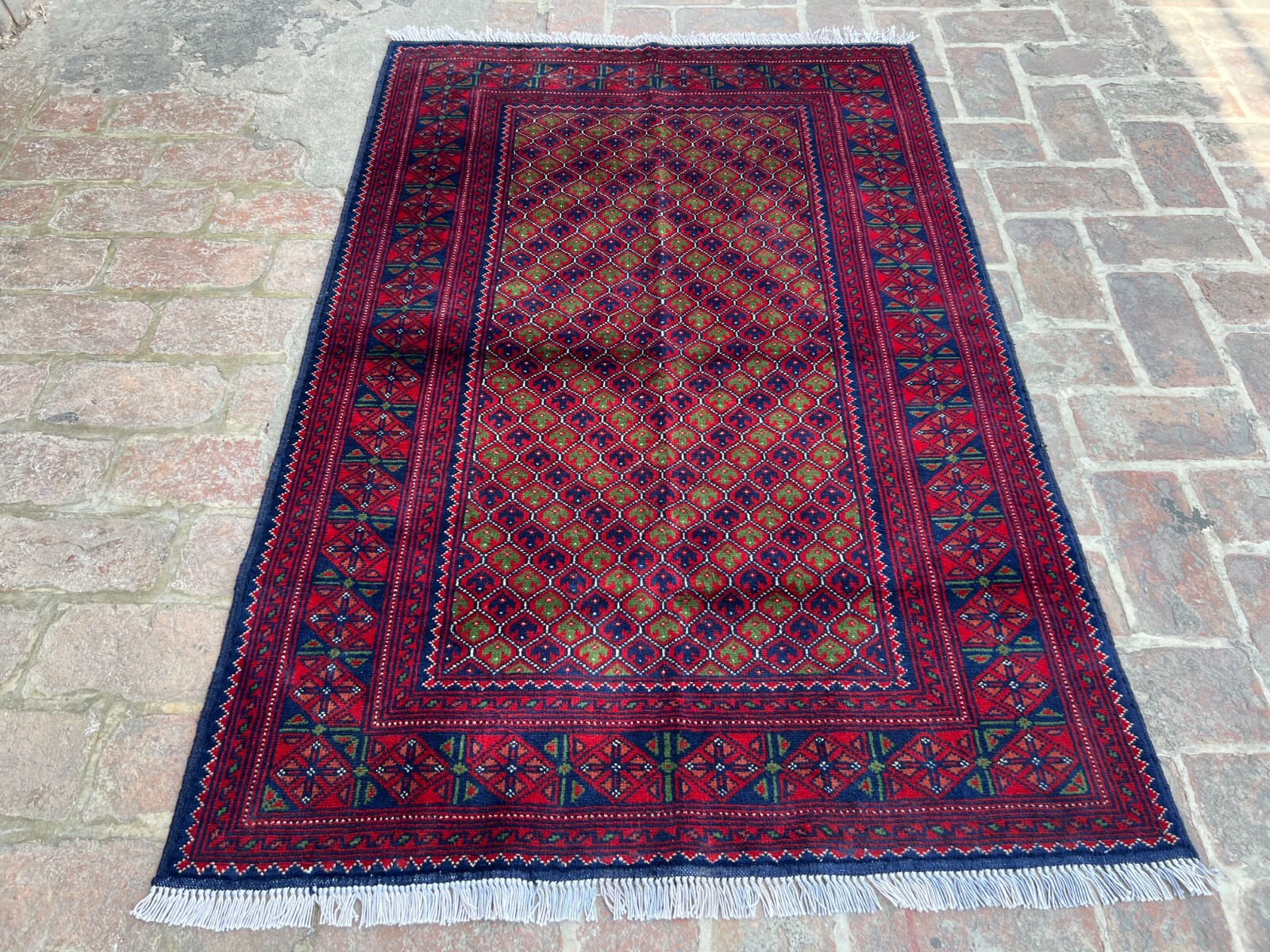 Maranos Handmade 4×5 ft Wool Rug – Tribal Geometric Red Area Carpet