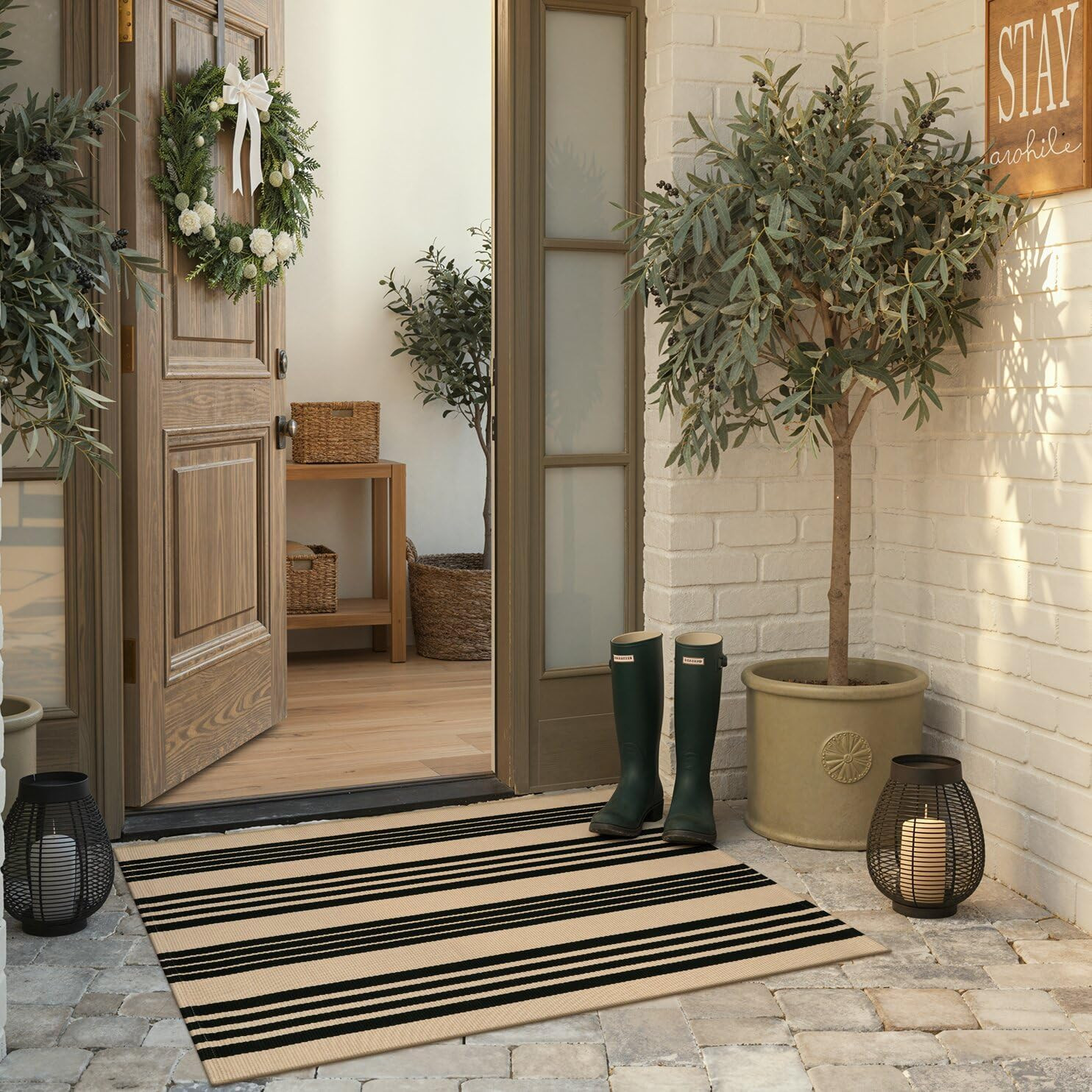 Outdoor Rug Spring Decor 27.5″X43″, Black and Khaki Striped Front Porch Rugs, Re