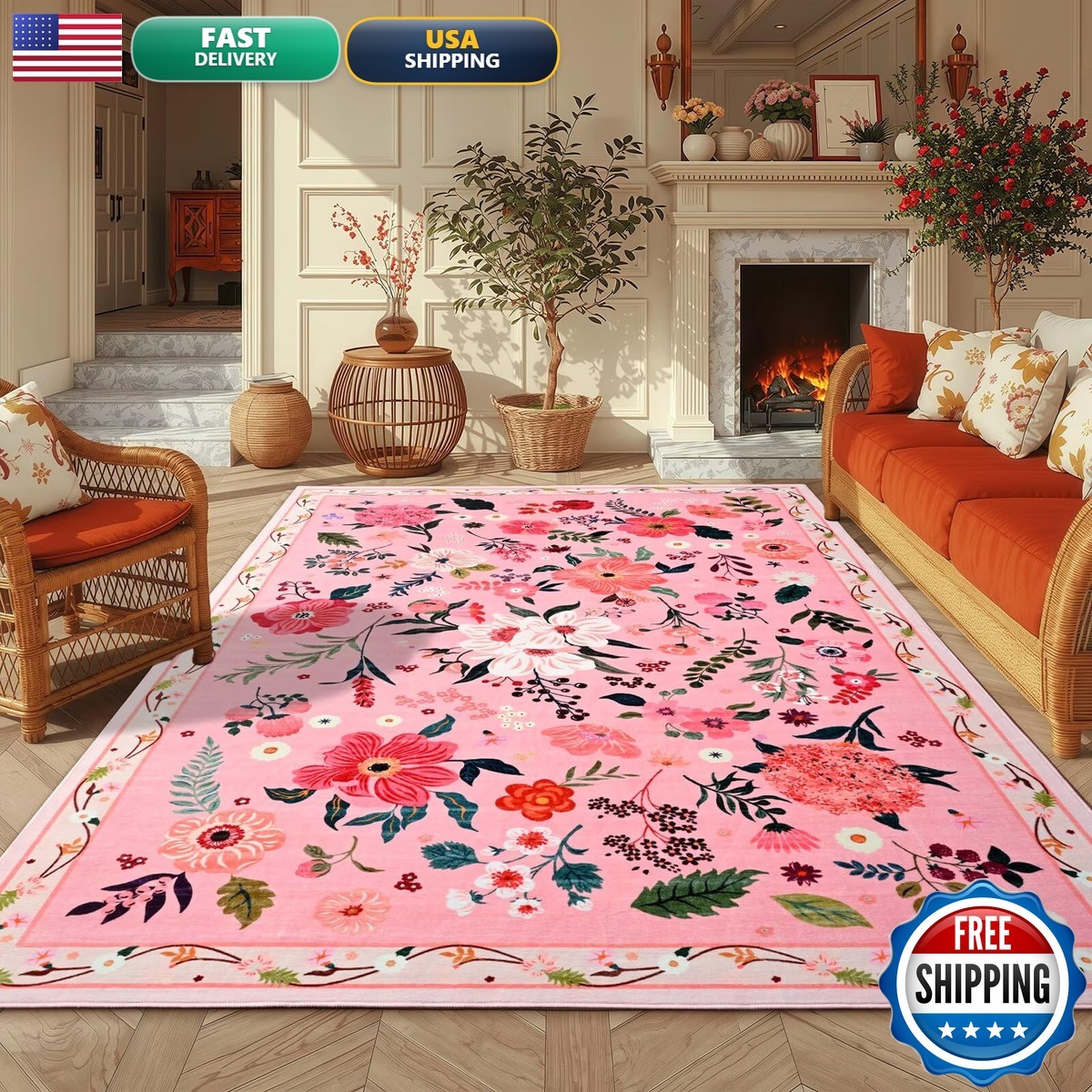 Macgace Floral Area Rug for Living Room Machine Washable 5×7 Pink