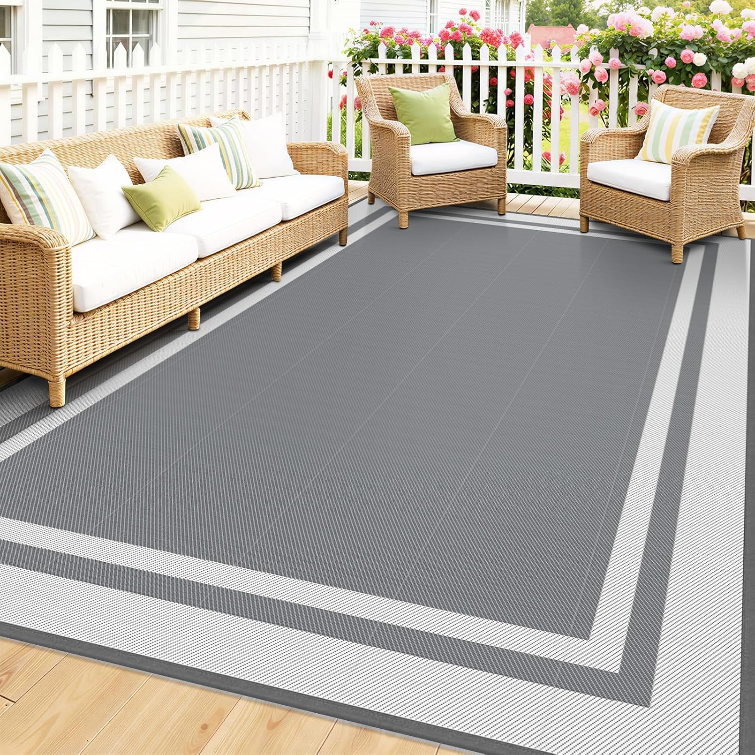 Reversible Outdoor Rug – Waterproof Portable Camping Mat (8’X10′, White & Gray)