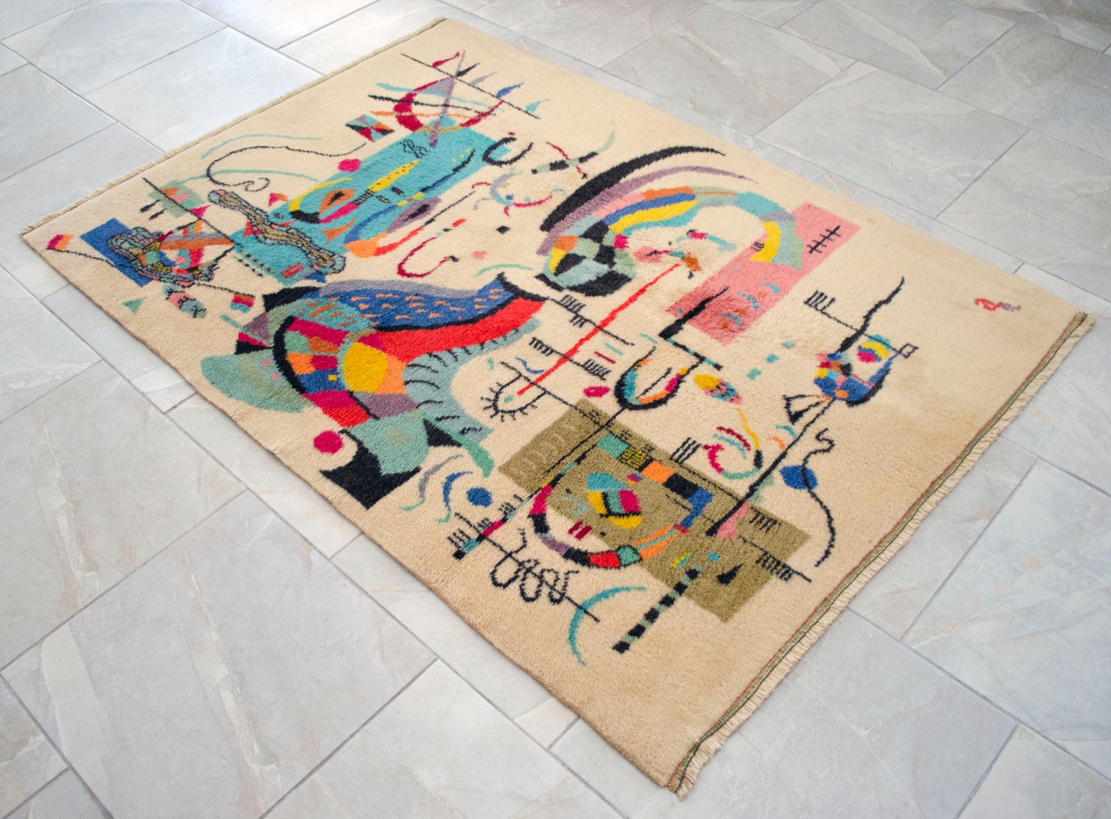 Kandinsky Style Abstract Rug | Vintage Hand-Knotted Wool Art Carpet 3’7″ x 5’0″