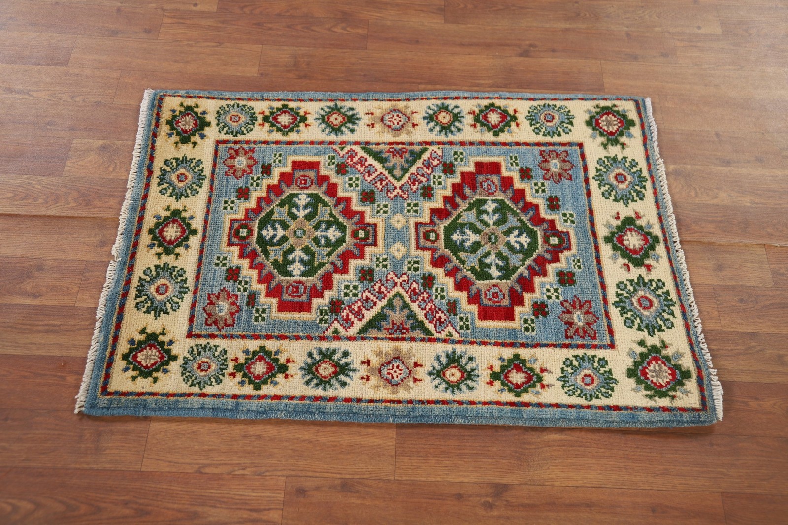 Light Blue Kazak Accent Rug 2×3 Ft Hand-Knotted Oriental Wool Carpet Geometric