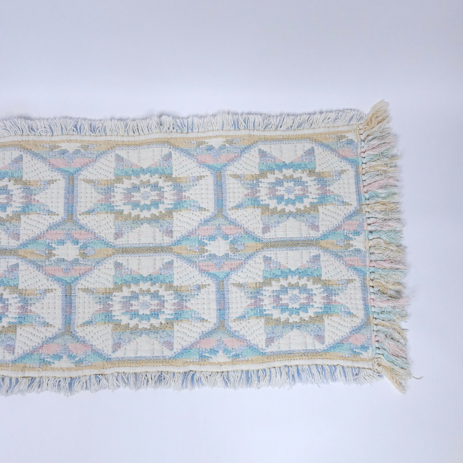 Hand Woven Southwestern Boho Rug Geometric Star Fringe Multicolor Pastel Cotton