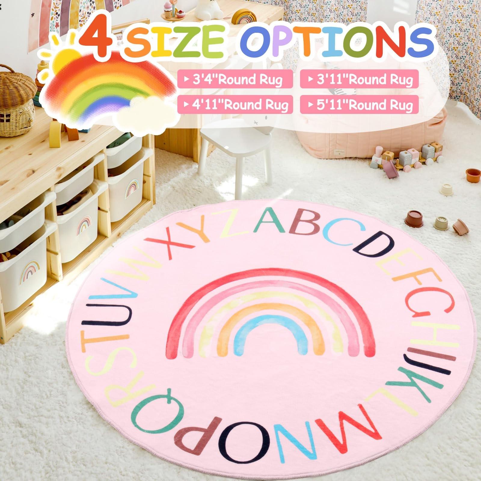 Truqual Round Kids Alphabet Rug, 47 inch Rainbow Classroom Rug, Pink | Non-Sl…