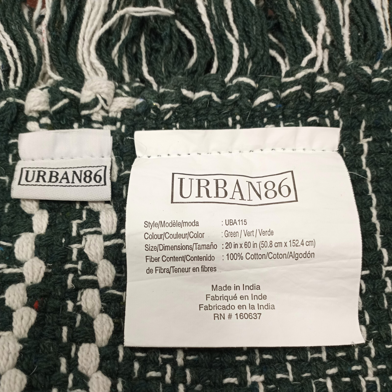 Urban 86 Natural Cotton Rug 160637 woven White Green Fringe 20″x60″ runner VGUC