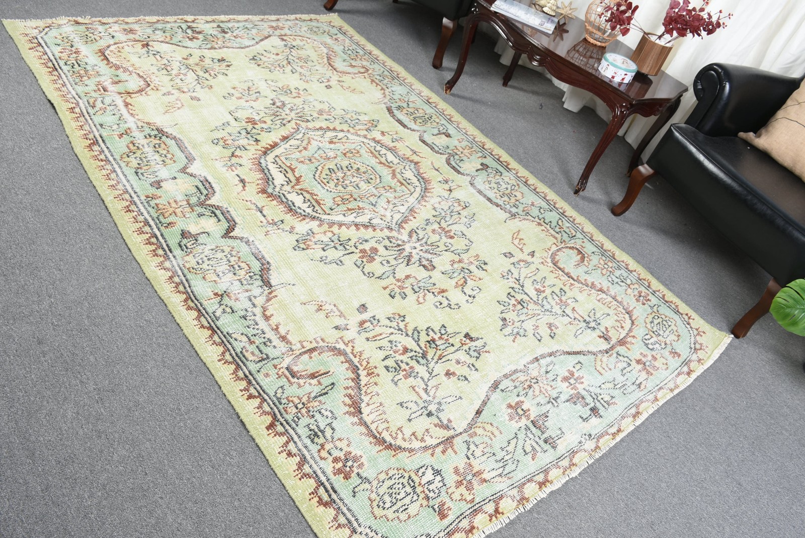 5,1×8,1 ft Turkish Rug, Green Abstract Vintage Rug Wool