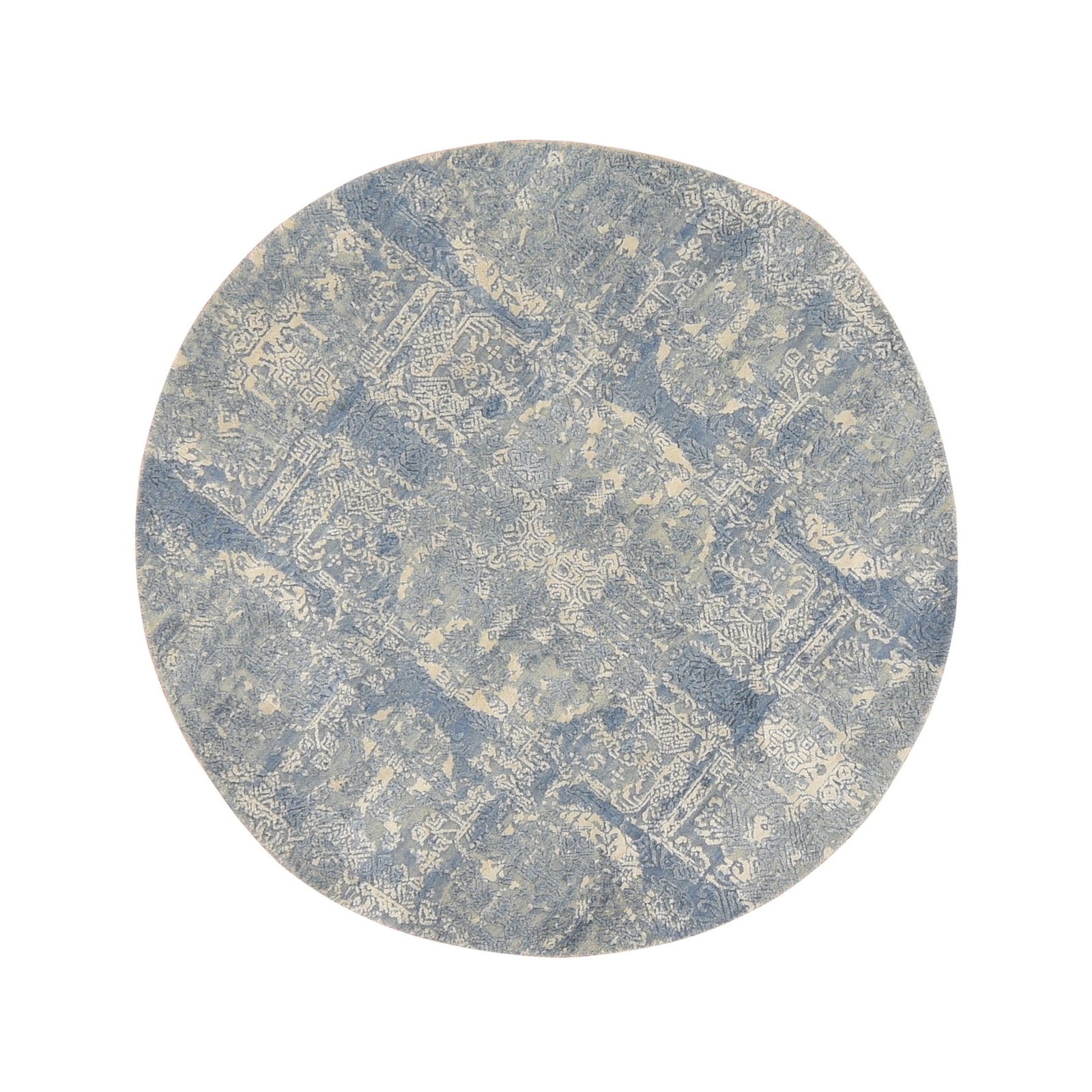 4’x4′ Blue Wool and Pure Silk Jewelry Design Hand Knotted Round Rug R78461