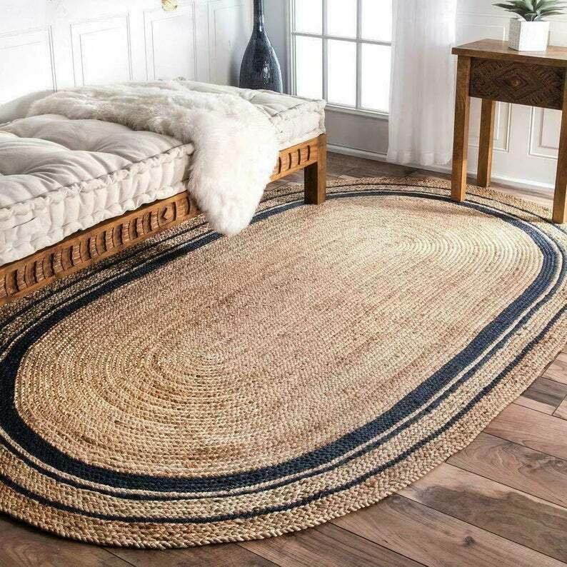 Area Rug Natural Jute Hand Braided Farmhouse Jute Rustic Look Carpet Oval Shape