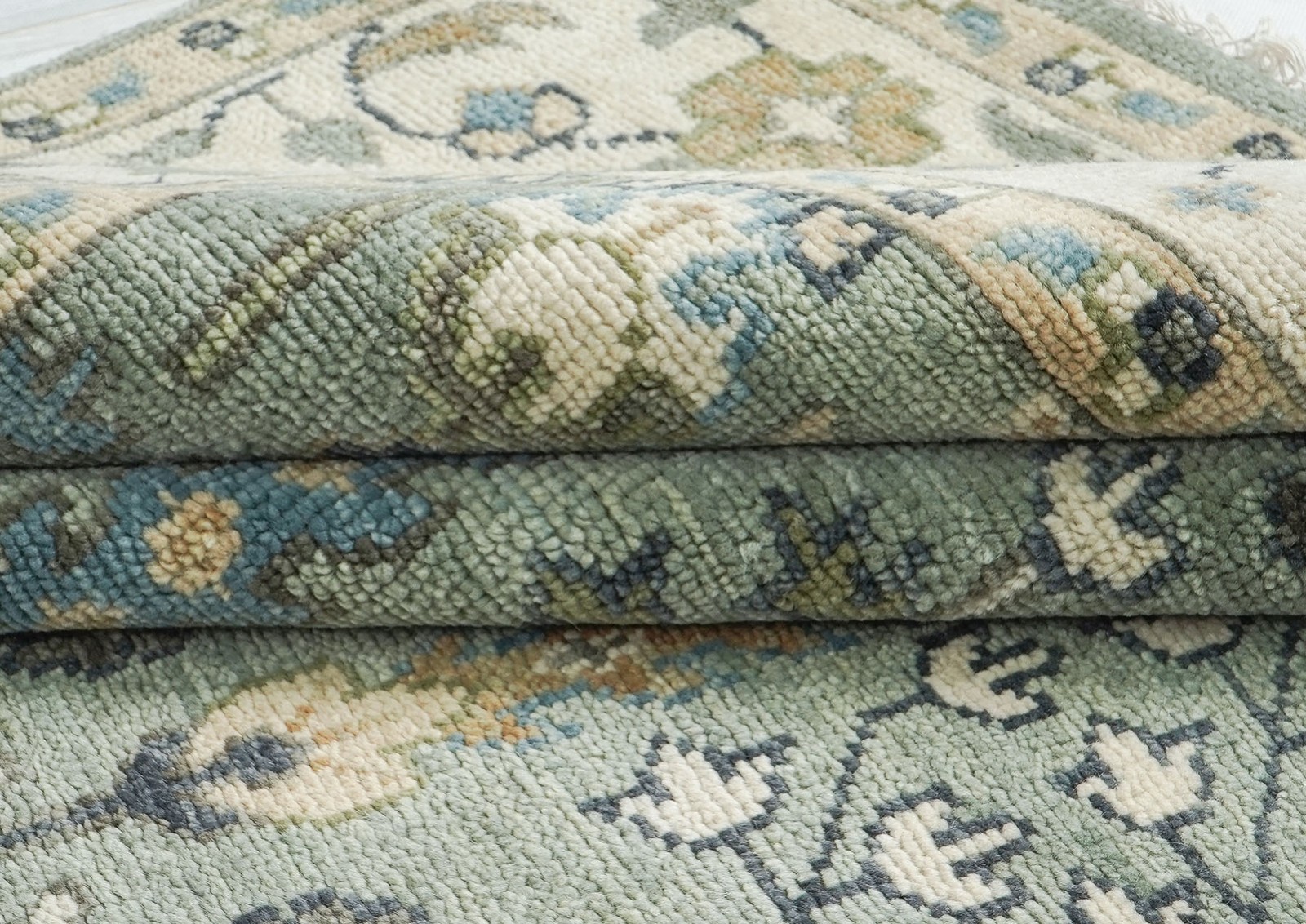 10×14 Hand Knotted Wool Celadon, Beige Oushak Transitional Rug