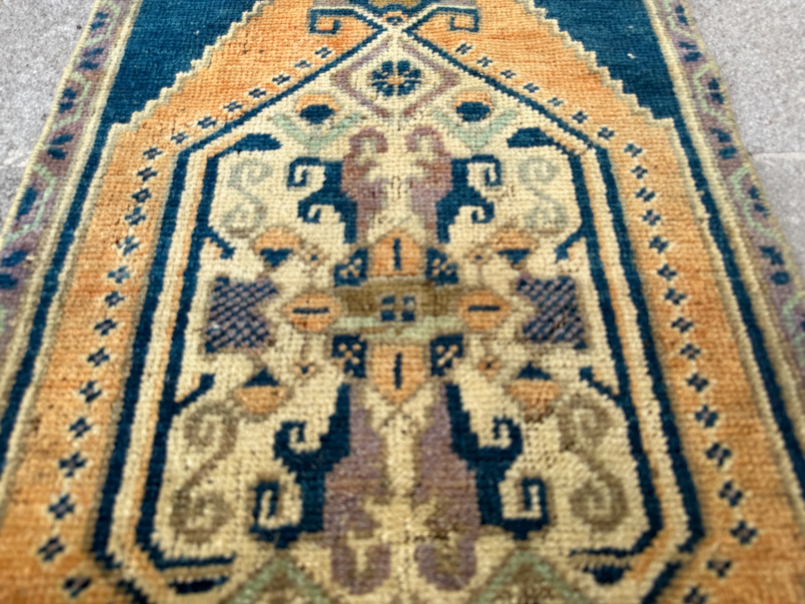 Handwoven Anatolian Accent Carpet 1.4×3.1 Ft Navy Camel Tribal Wool Decor