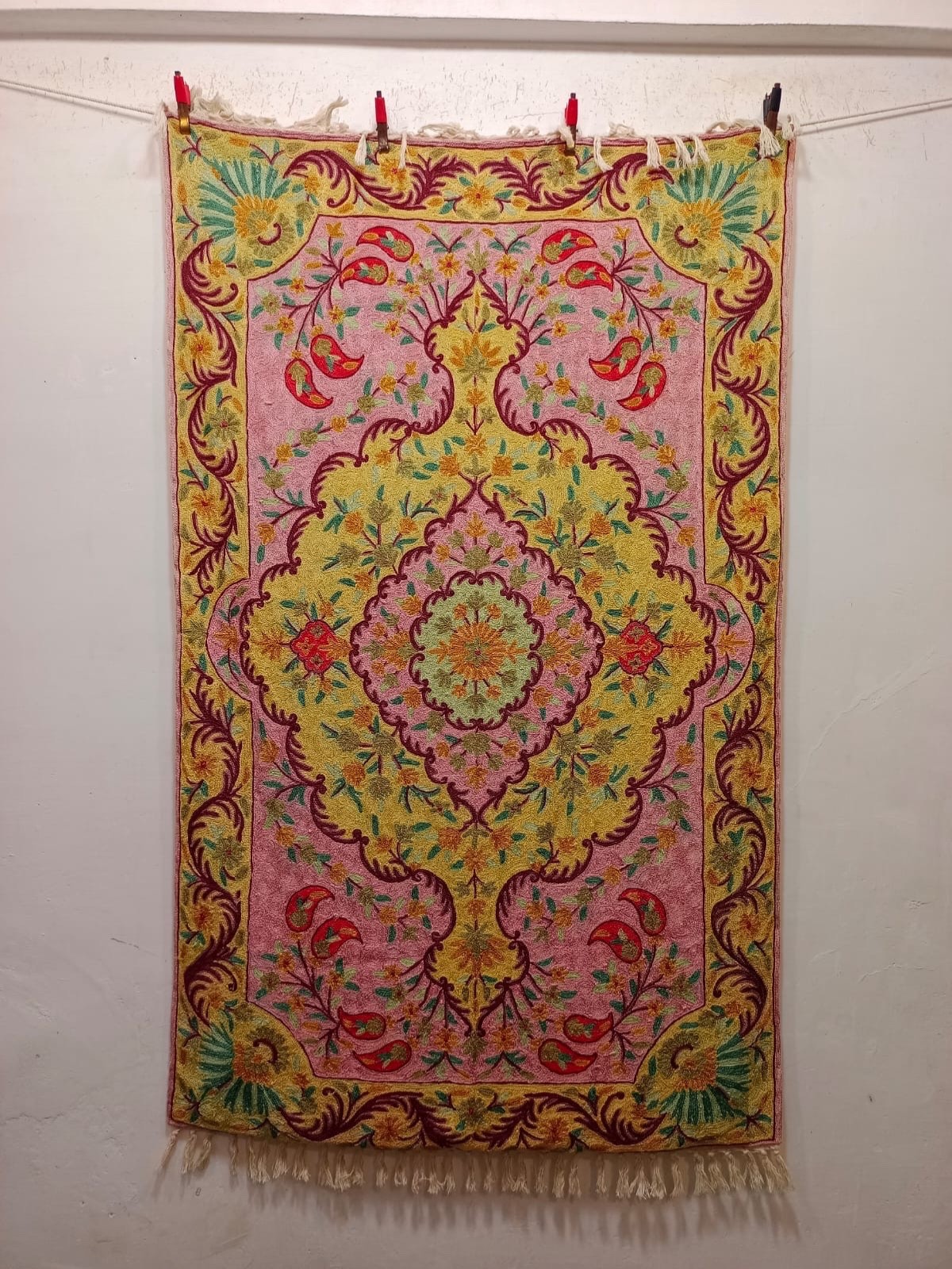 Vintage Beautiful Kashmiri Chain Stitch Hand Silk Embroidered Rug Carpet