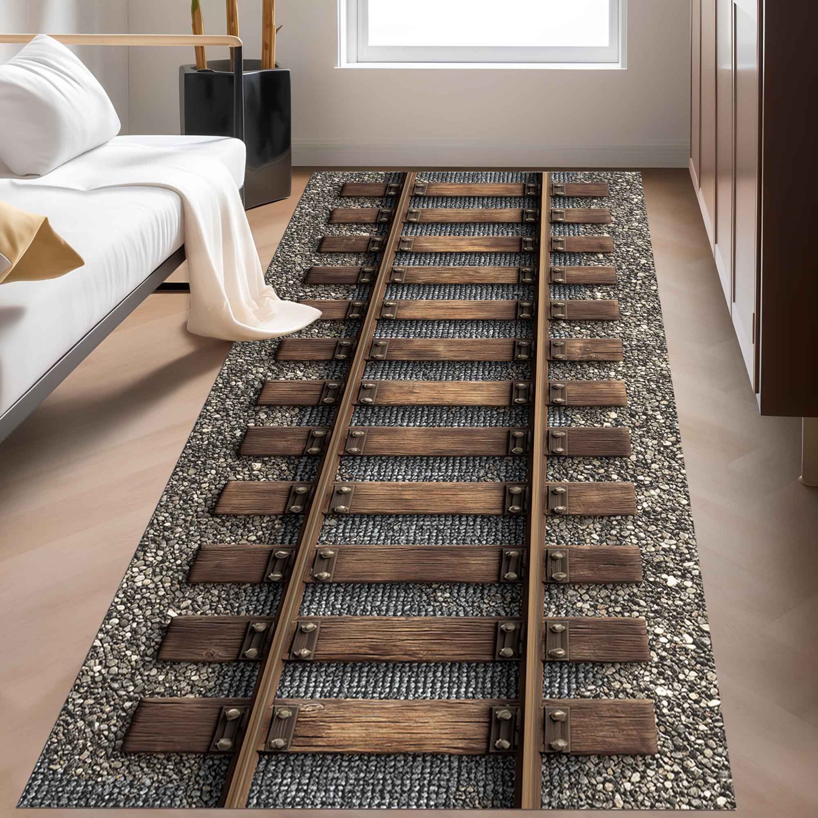 Runner Railroad Tracks Rug,Kids Room Train Tracks Rug,Play Room Train Track Rug