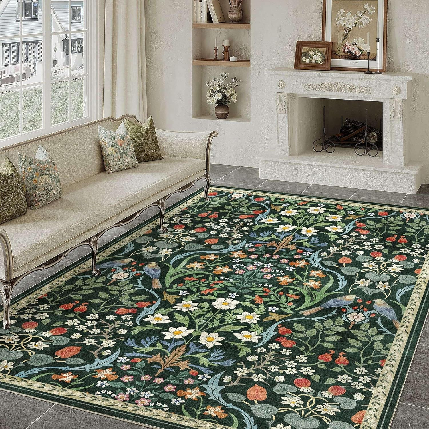 6X9 Washable Area Rug for Living Room Green Floral Vintage Non Slip Low Pile Thi