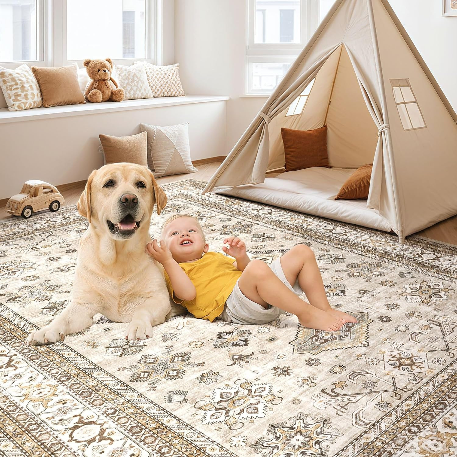 Large Vintage 9×12 Washable Area Rug – Soft Beige Oriental Farmhouse Decor