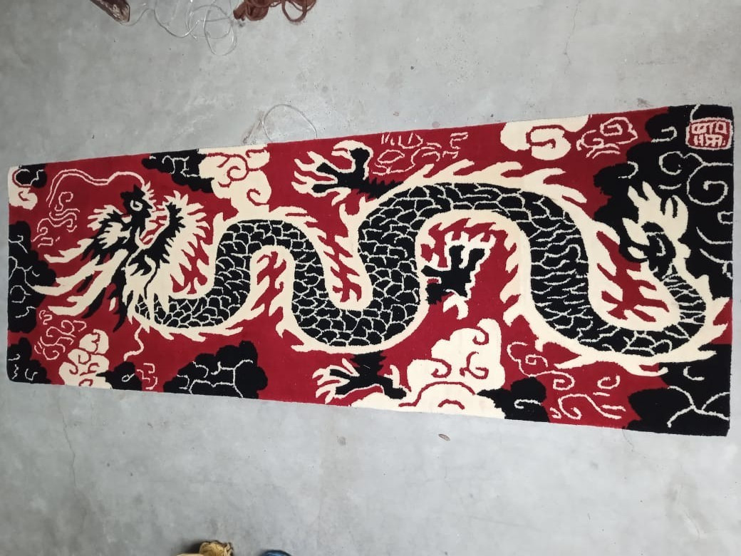 Hand Tufted Wool Dragon Runner Rug 2×6 Ft Red Black Off-White Tibetan Style